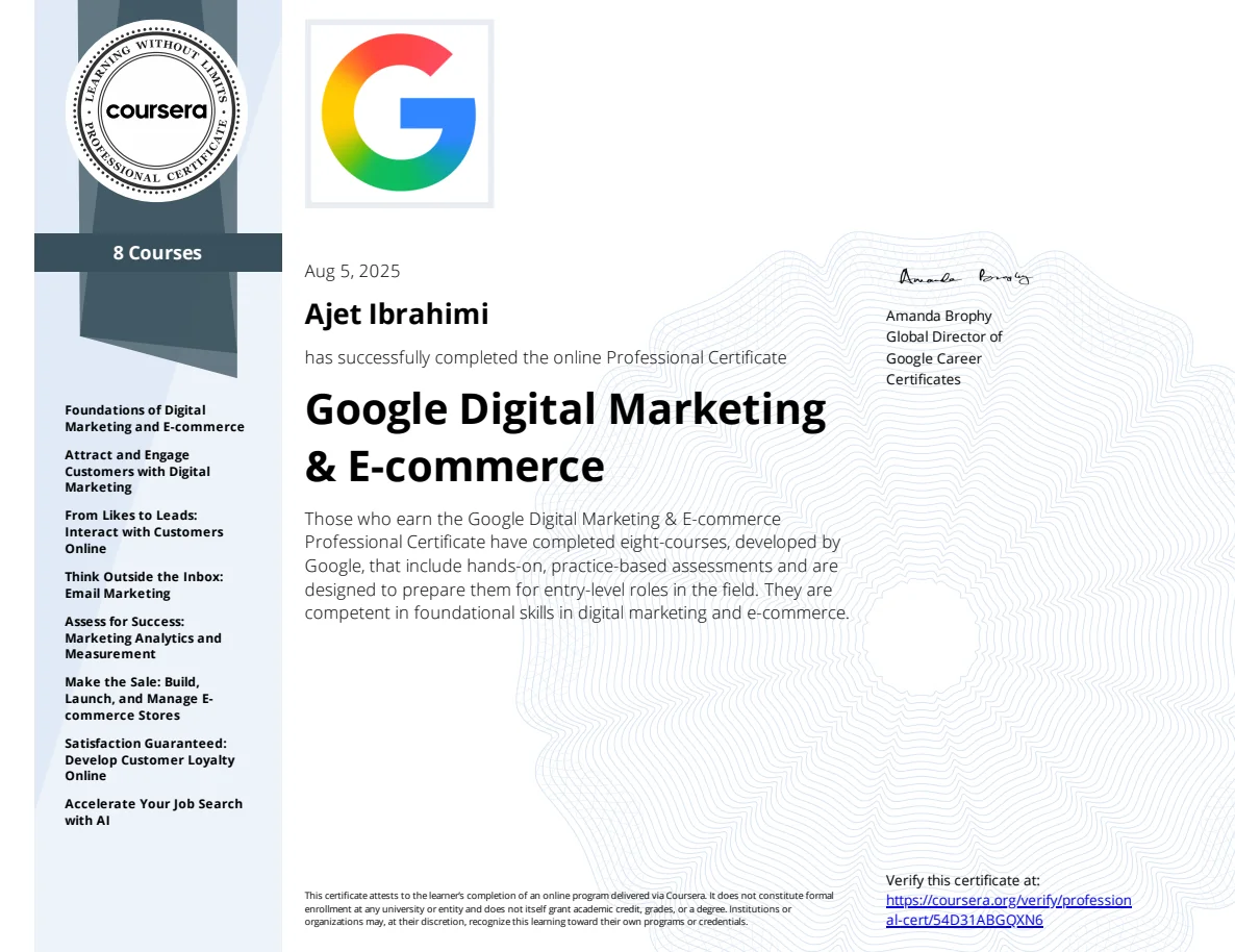 Google Digital Marketing & E-Commerce – Zertifikat (Coursera), Ajet Ibrahimi