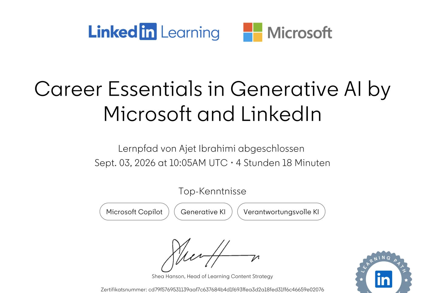 Career Essentials in Generative AI by Microsoft and LinkedIn – Zertifikat (LinkedIn Learning), Ajet Ibrahimi